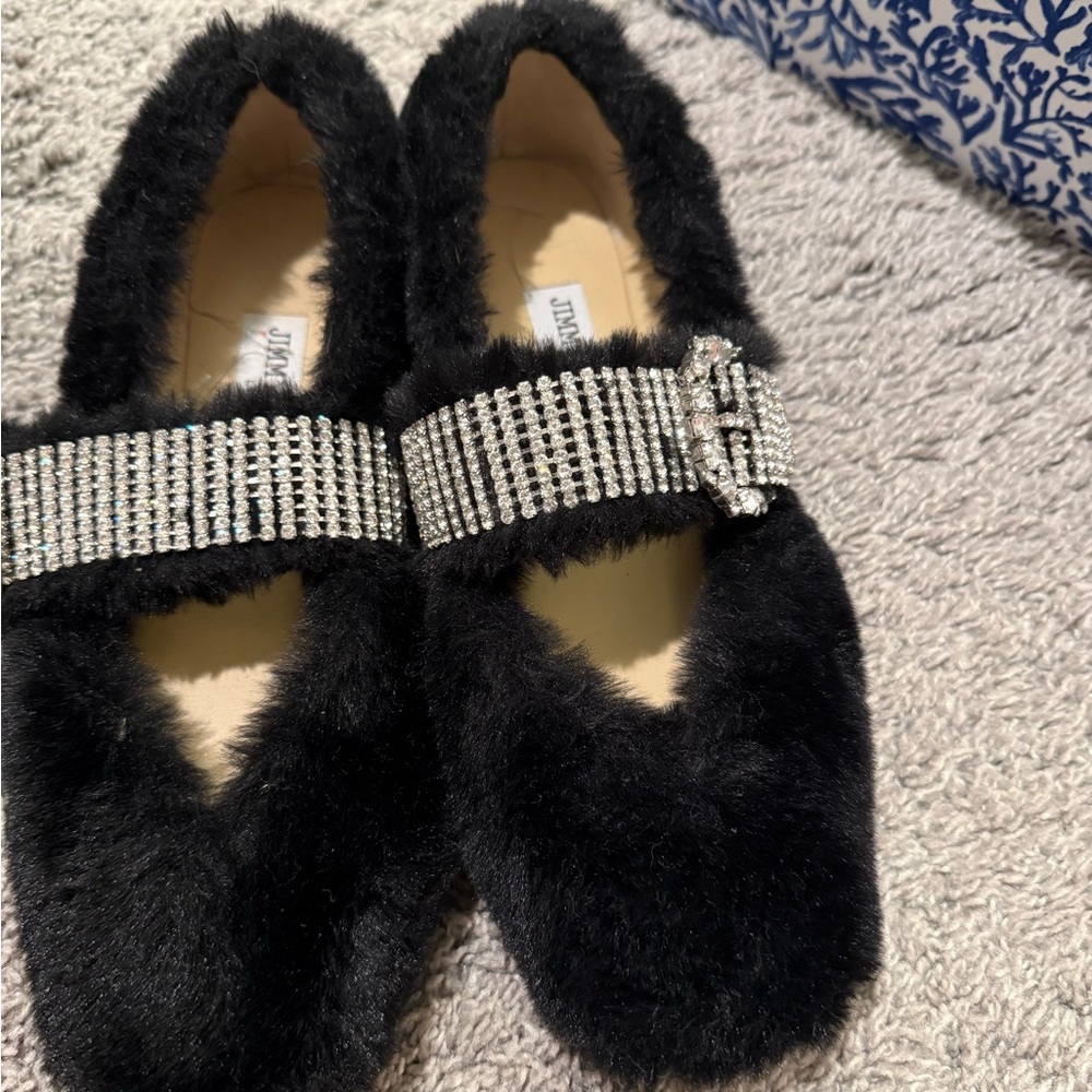 Jimmy Choo Black Fur Flats with Rhinestone Detail